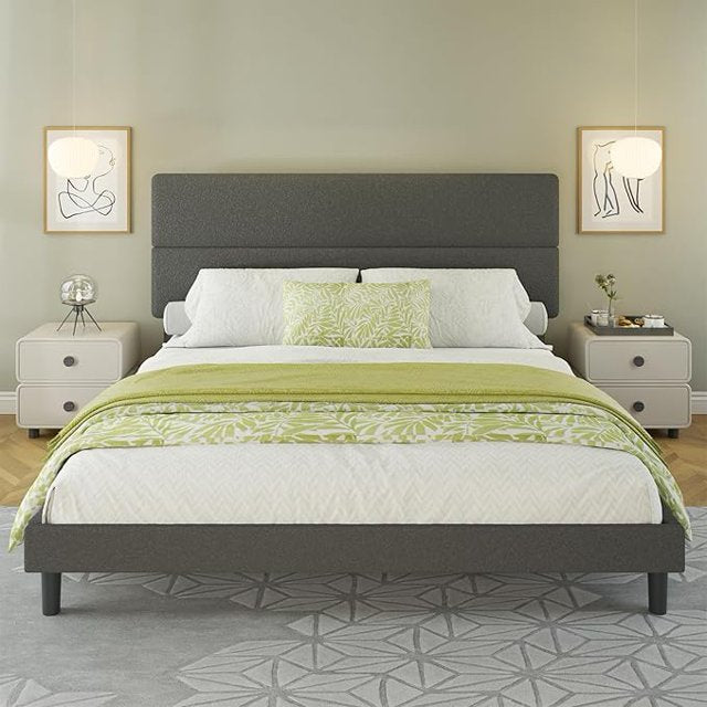 Boucle Upholstered Bed Frame, Platform Bed with 47.3" High Adjustable Headboard & Strong Wooden Slats, No Box Spring Needed, Mattress Foundation