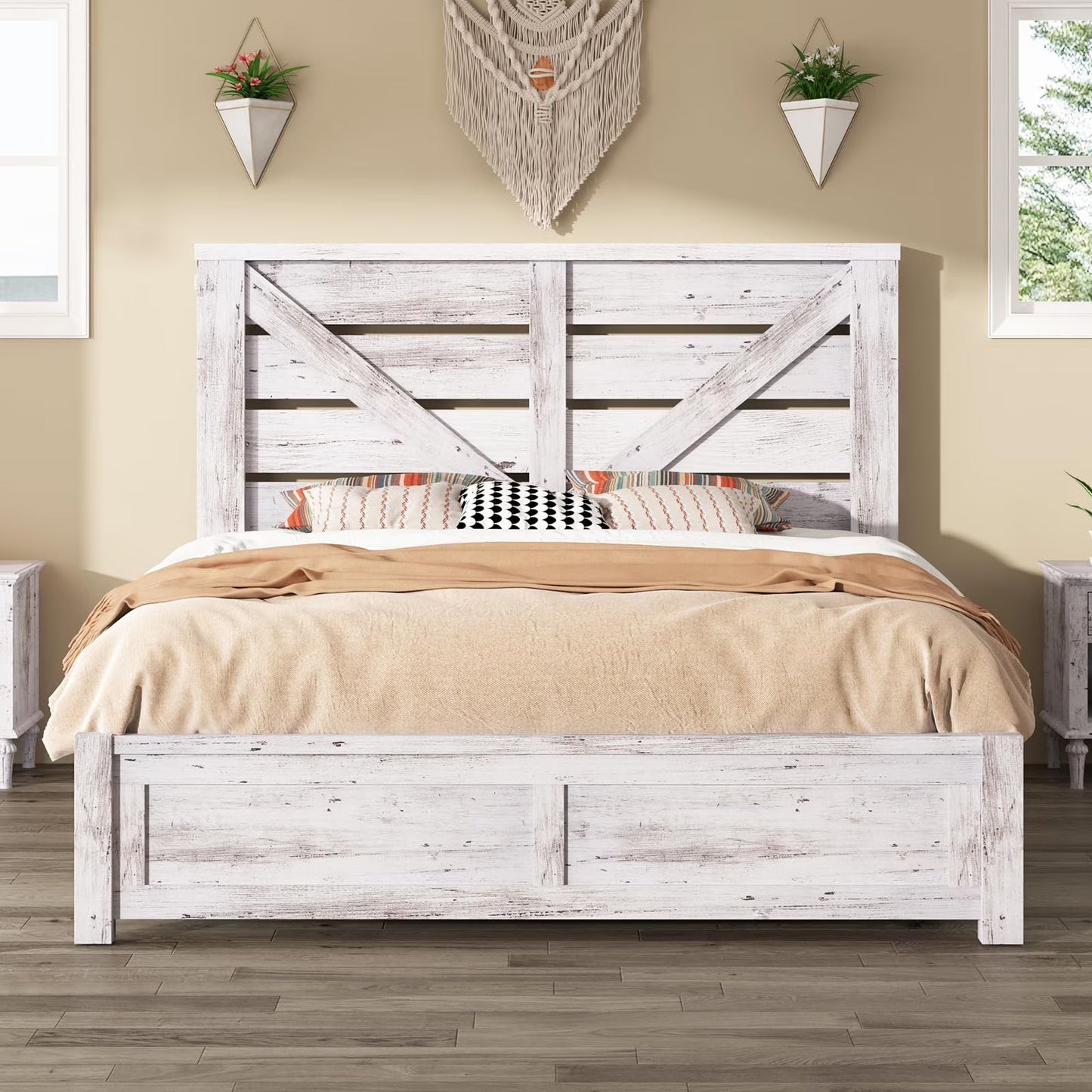 Merluxy Farmhouse Bed Frame with Barn Door Headboard, Platform Bed Frame with Wood Slats, Under Bed Storage Space