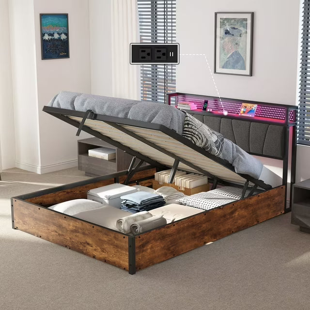 Merluxy Lift Up Bed Frame with Linen Upholstered & LED Light & Storage Headboard, Platform Bed Frame with Charging Station, No Box Spring Needed, Noisy Free