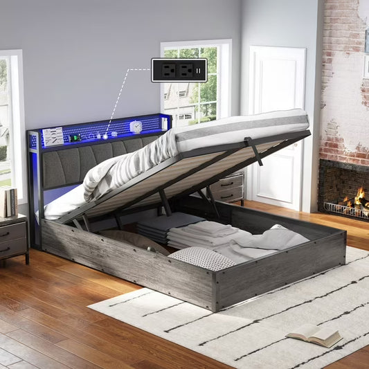 Merluxy Lift Up Bed Frame with Linen Upholstered & LED Light & Storage Headboard, Platform Bed Frame with Charging Station, No Box Spring Needed, Noisy Free
