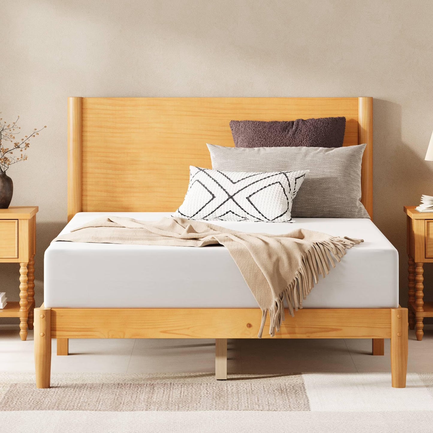 Merluxy Solid Wood Bed Frame, Mid Century Modern Bed with Full Panel Headboard, Under-Bed Storage