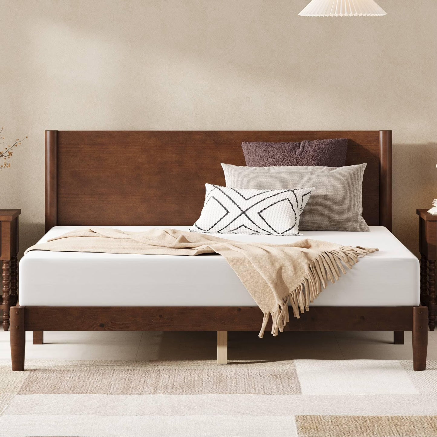 Merluxy Solid Wood Bed Frame, Mid Century Modern Bed with Full Panel Headboard, Under-Bed Storage
