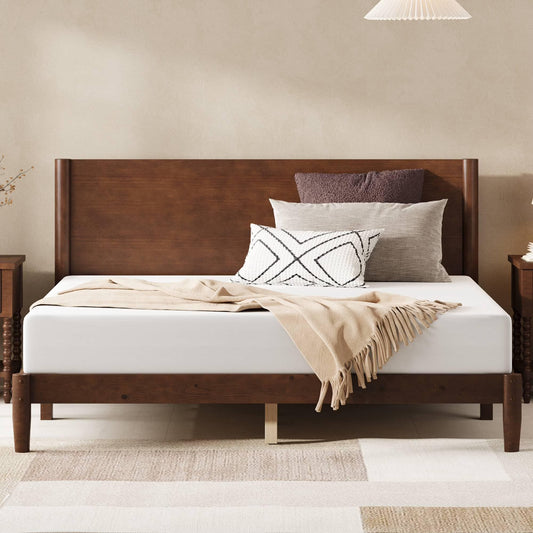Merluxy Solid Wood Bed Frame, Mid Century Modern Bed with Full Panel Headboard, Under-Bed Storage