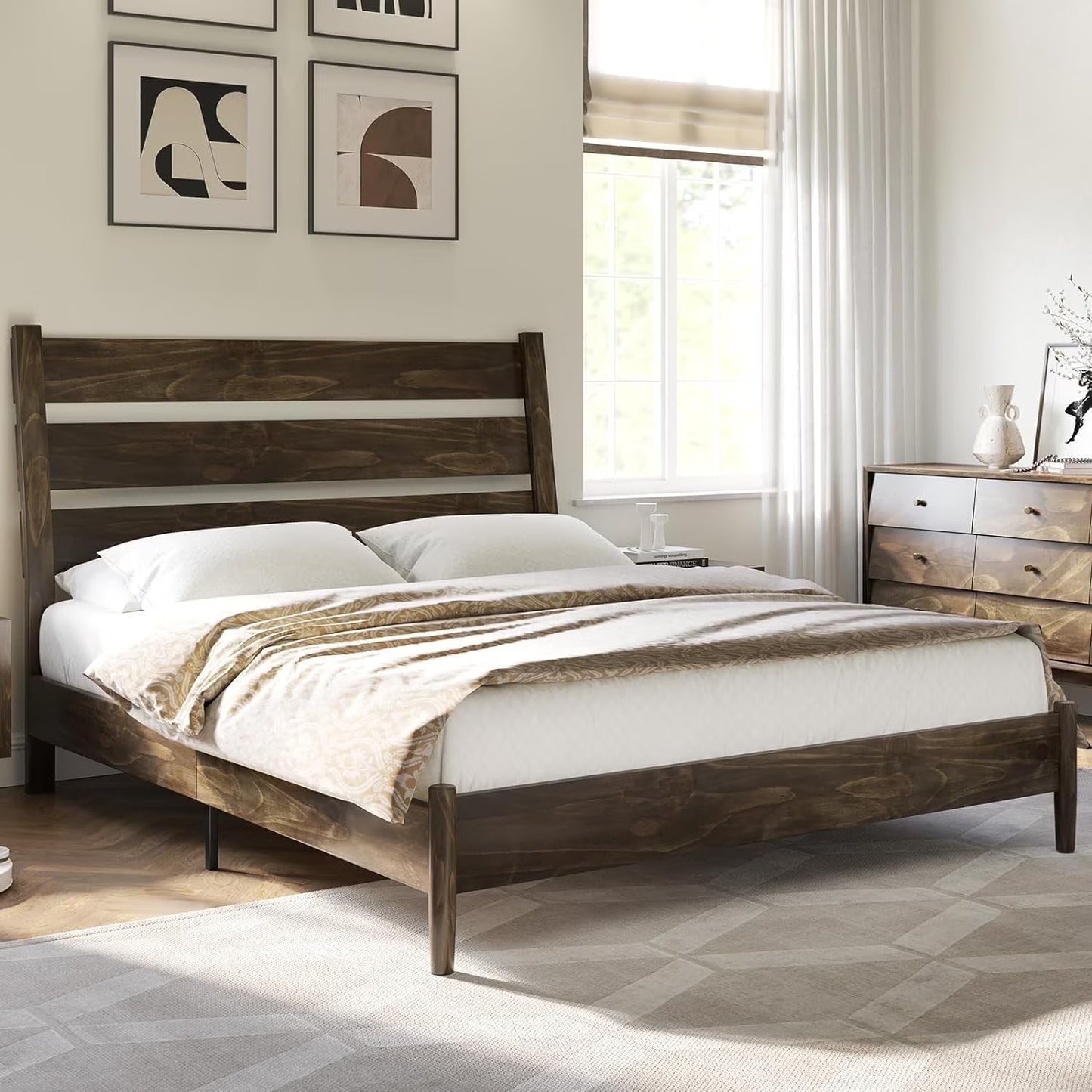 Merluxy Solid Wood Bed Frame, Mid Century Platform Bed with Reclining Slatted Headboard, Wood Slat Support/No Box Spring Needed/Noise Free