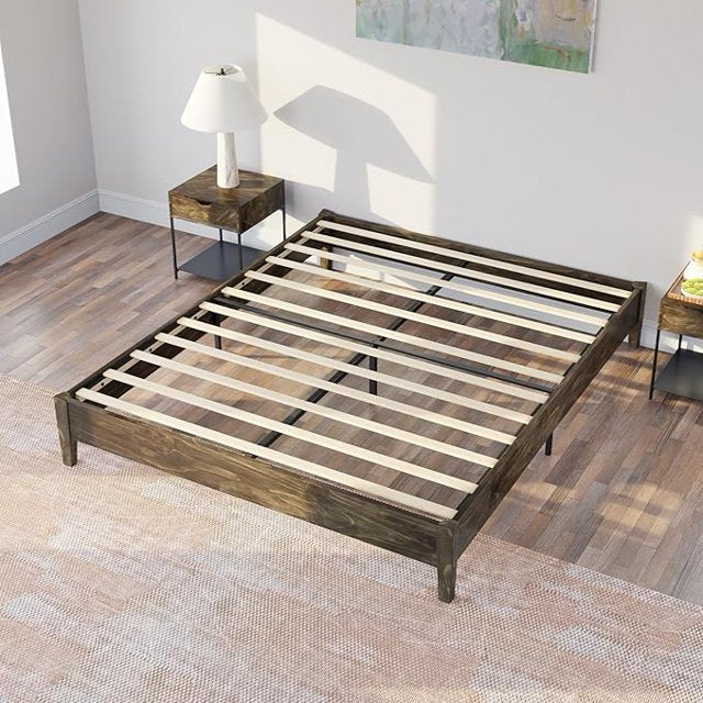 Solid Wood Bed Frame, Mid Century Platform Bed with No Headboard, Wood Slat Support/No Box Spring Needed/Noise Free