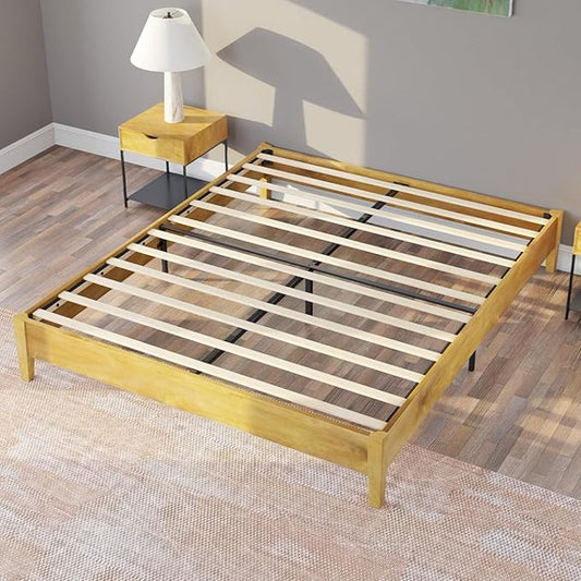 Solid Wood Bed Frame, Mid Century Platform Bed with No Headboard, Wood Slat Support/No Box Spring Needed/Noise Free