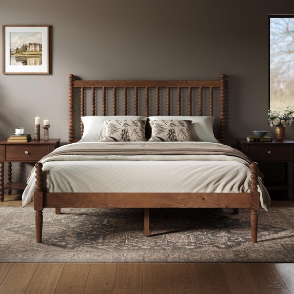 Merluxy Solid Wood Bed Frame with 47.2" Bobbin Spindle Headboard, Vertical Turned Posts, Heavy-Duty Wooden Slats Support, Noise-Free