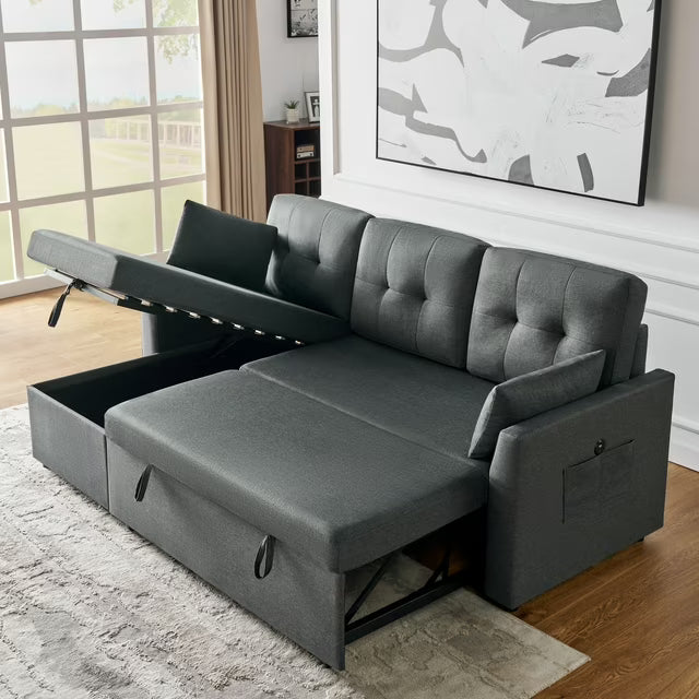 Merluxy Sectional Sofa Couch, Reversible Pull Out Couch with Storage Chaise, 3 Seater