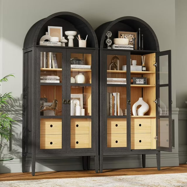 VANACC Modern Arched Storage Cabinet with Glass Doors and Drawers, Adjustable Shelves