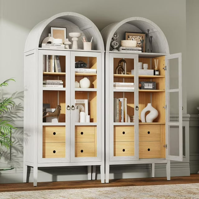 VANACC Modern Arched Storage Cabinet with Glass Doors and Drawers, Adjustable Shelves