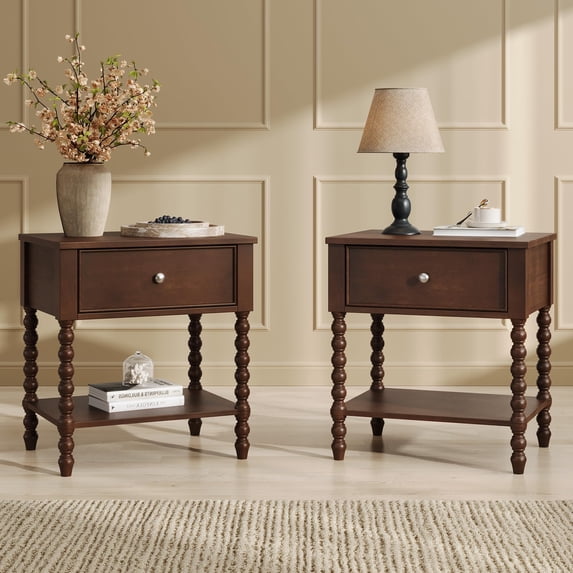 Merluxy Solid Wood Nightstand with Turned Legs, Vintage Wide Bedside Table with Drawer, Wooden End Table for Bedroom/Living Room