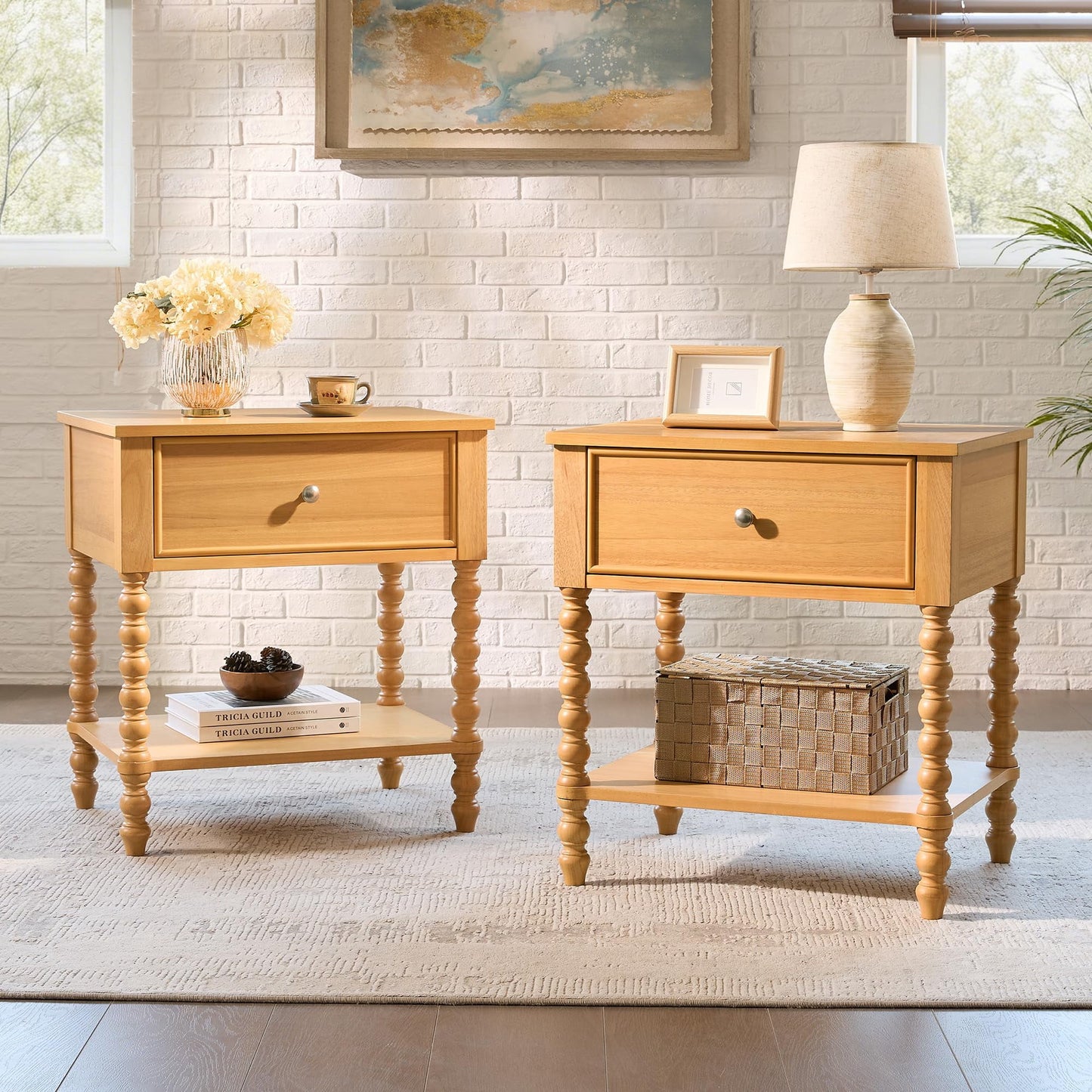 Merluxy Solid Wood Nightstand with Turned Legs, Vintage Wide Bedside Table with Drawer, Wooden End Table for Bedroom/Living Room