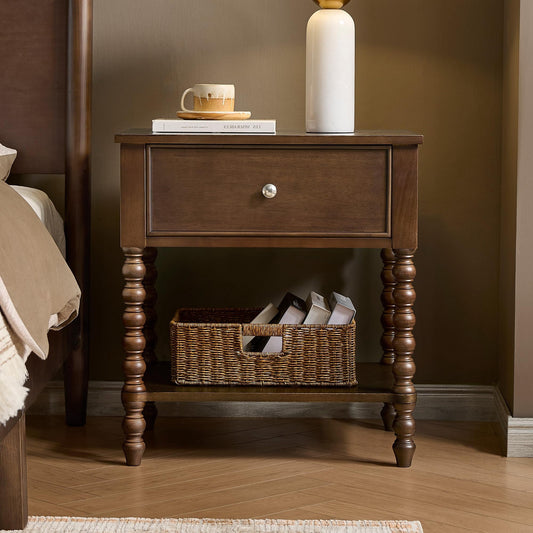 Merluxy Solid Wood Nightstand with Turned Legs, Vintage Wide Bedside Table with Drawer, Wooden End Table for Bedroom/Living Room