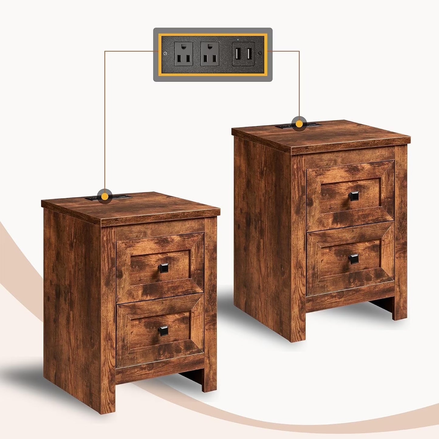 Merluxy Nightstand Set of 2 with Charging Station, Farmhouse Wood Bedside Table