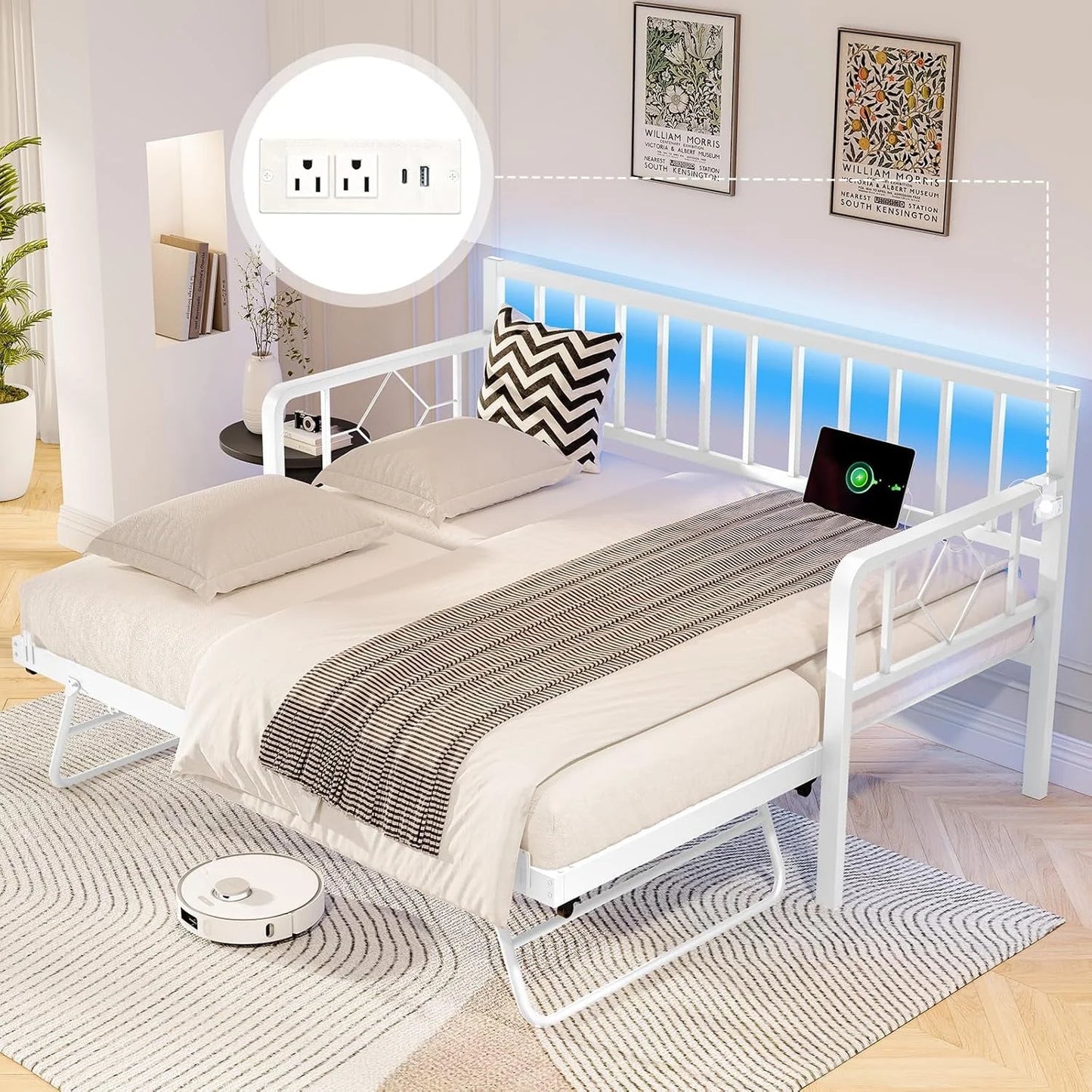 Papajet Twin DayBed with Charging Station and LED Lights, Metal Twin Daybed with Trundle for Living Room, Bedroom, Guest Room