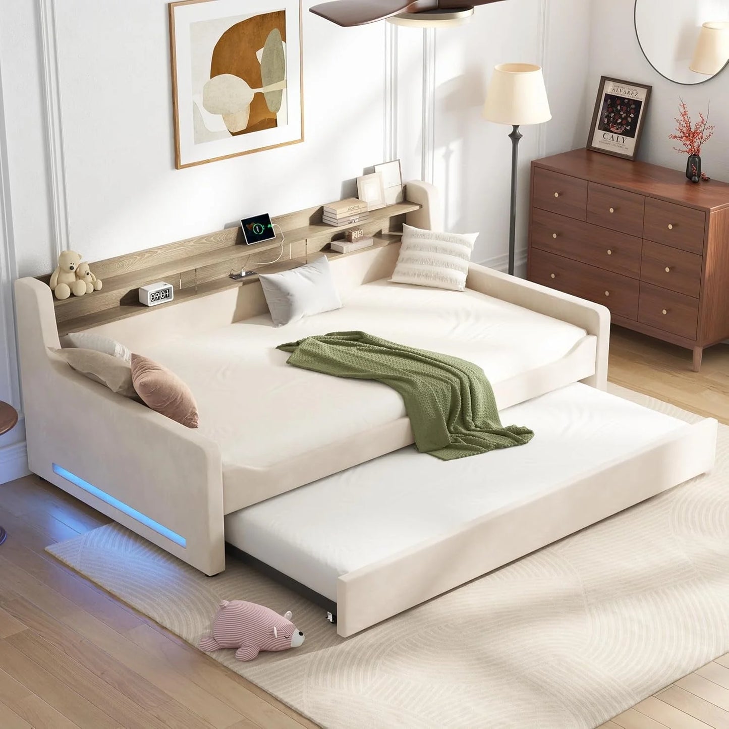 Papajet Twin DayBed with Charging Station and LED Lights, Metal Twin Daybed with Trundle for Living Room, Bedroom, Guest Room