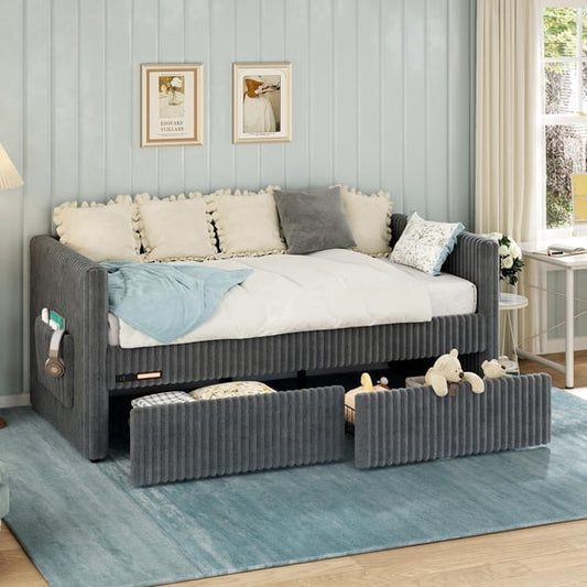Merluxy Twin Size Corduroy Daybed with 2 Storage Drawers & Bedside Pockets, Upholstery Sofa Bed with Charging & Light, for Living Room