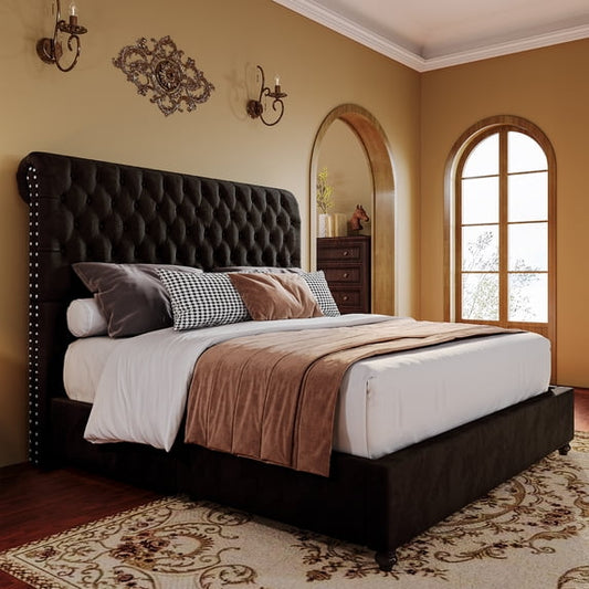 Merluxy Upholstered Bed Frame Velvet Tufted Bed Frame Sleigh Headboard