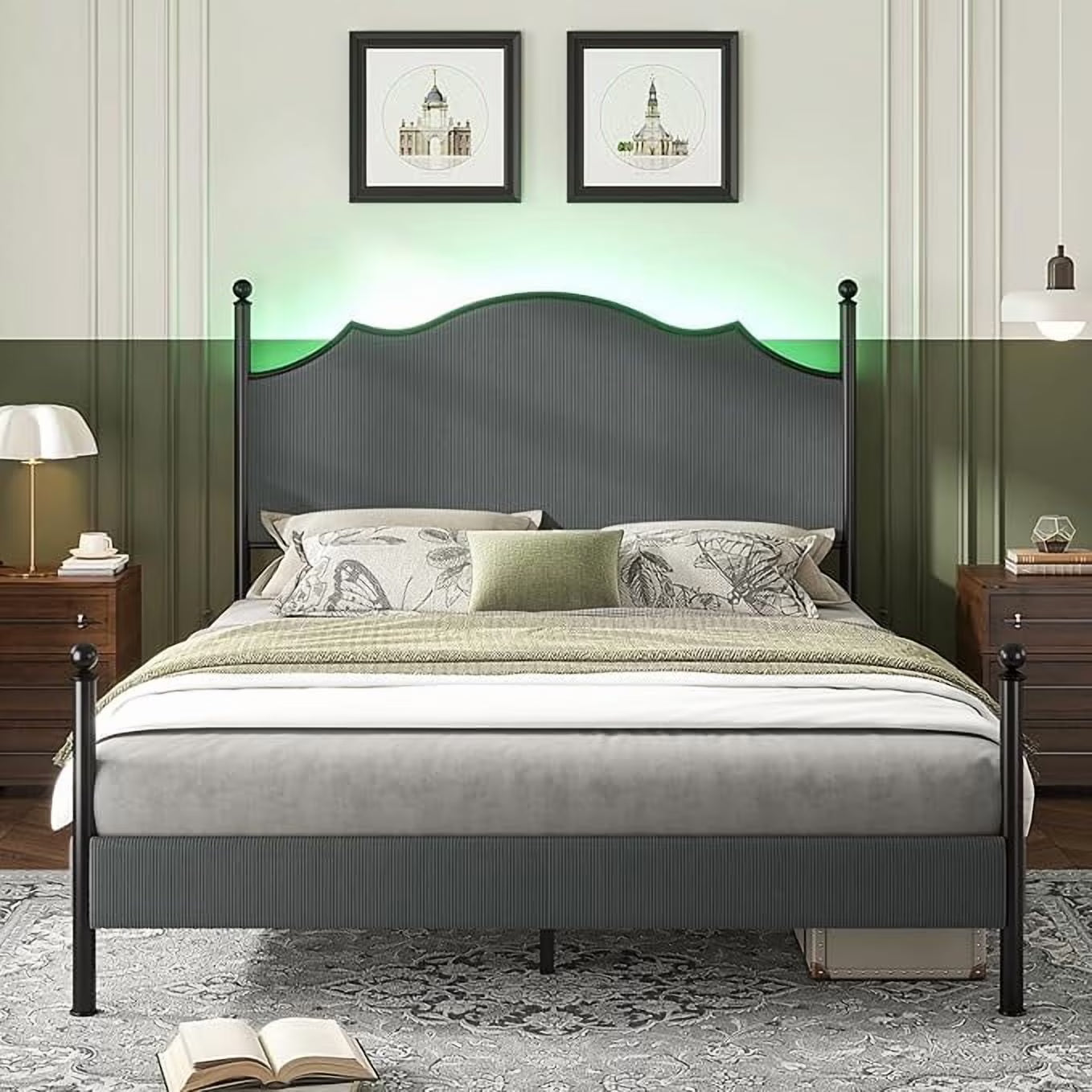 Merluxy Upholstered Full Size Bed Frame with 51.2" Tall Headboard, Metal Four Poster LED Beds for Bedroom, Easy Assembly