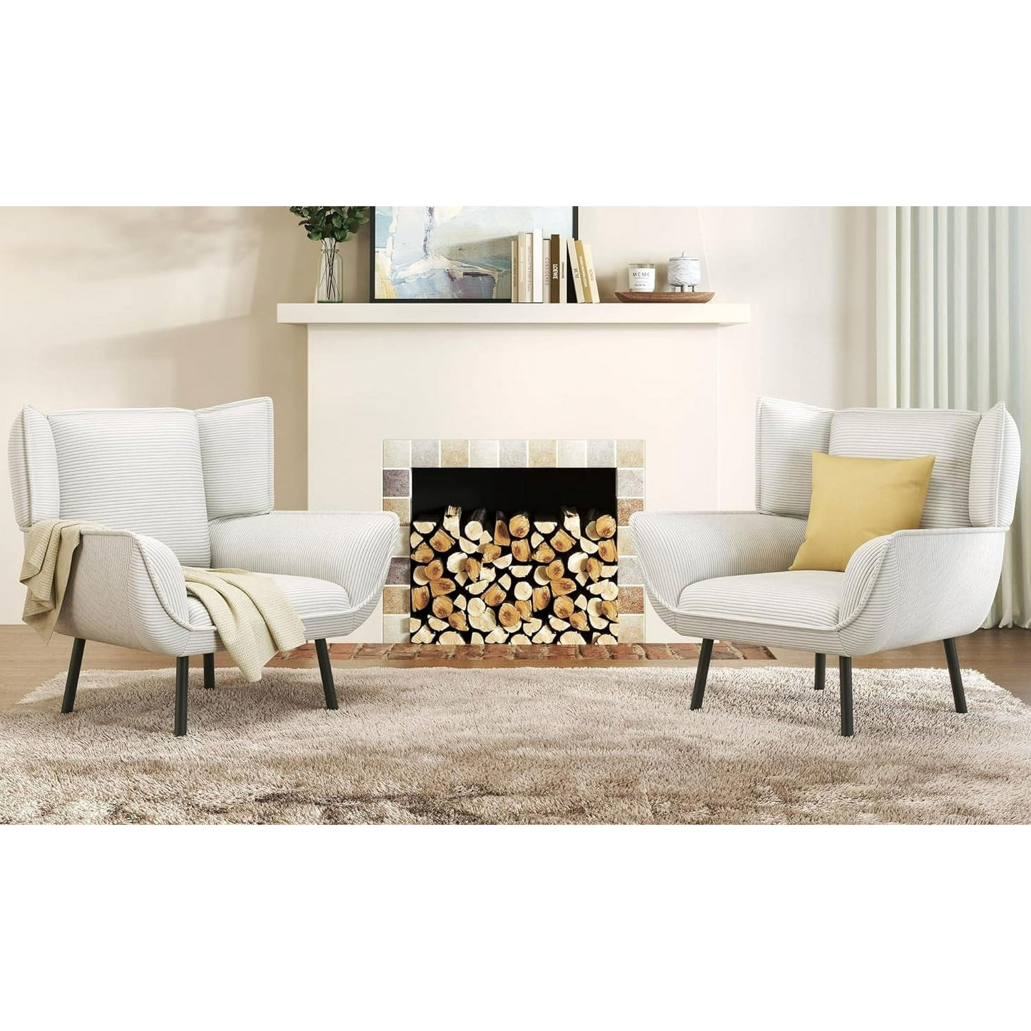 Merluxy Upholstered Living Room Chair with High Wingback, White Corduroy Armchair Set of 2
