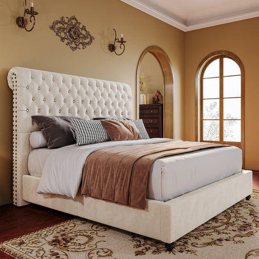 Merluxy Upholstered Bed Frame with Headboard Sleigh PlatformTufted Bed