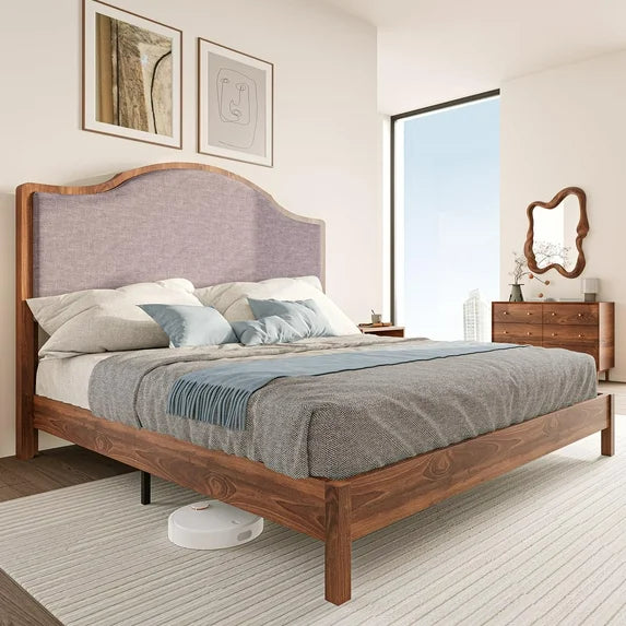 Merluxy Wooden Platform Bed Frame with Upholstered Headboard Solid Wood Bed, No Box Spring Needed