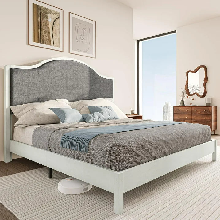 Merluxy Wooden Platform Bed Frame with Upholstered Headboard Solid Wood Bed, No Box Spring Needed