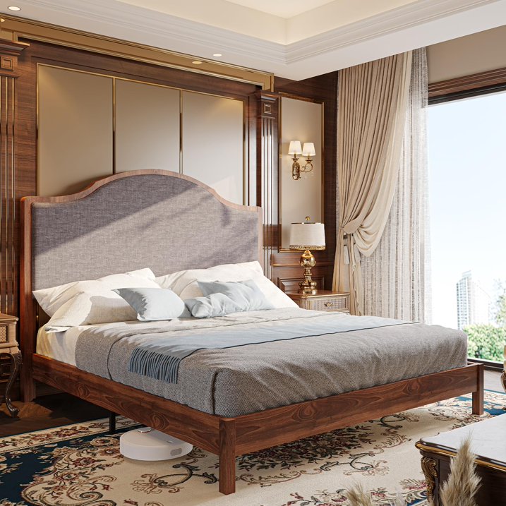 Merluxy Wooden Platform Bed Frame with Upholstered Headboard Solid Wood Bed, No Box Spring Needed