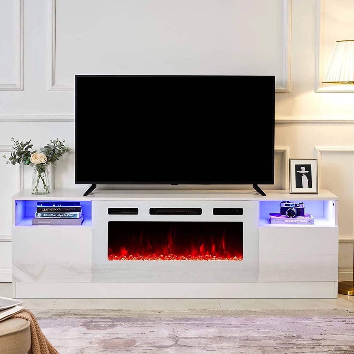 PLAUIN TV Stand with Fireplace, LED Light Entertainment Center for TVs