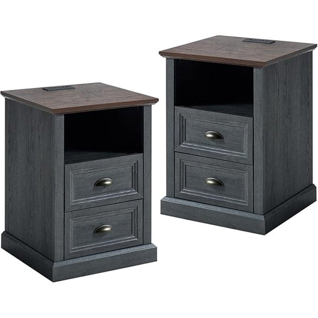 Nightstand with Charging Station,Farmhouse End Table with Two Drawer& Open Shlef,Side Tables with USB Ports & Outlets for Bedroom, Living Room, Closet