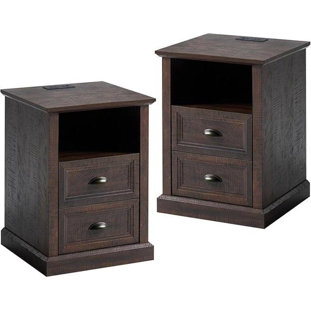 Nightstand with Charging Station,Farmhouse End Table with Two Drawer& Open Shlef,Side Tables with USB Ports & Outlets for Bedroom, Living Room, Closet