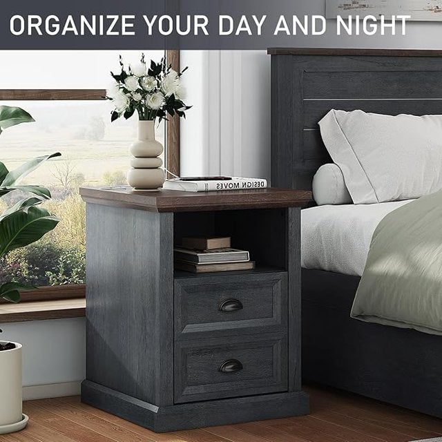 Nightstand with Charging Station,Farmhouse End Table with Two Drawer& Open Shlef,Side Tables with USB Ports & Outlets for Bedroom, Living Room, Closet