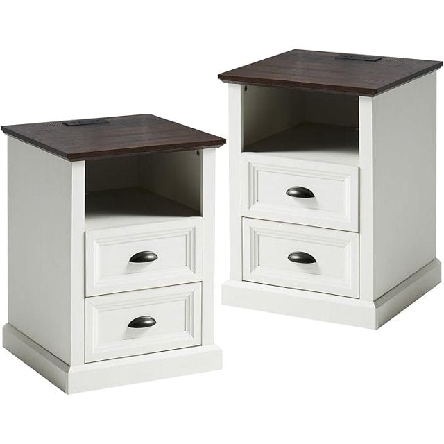 Nightstand with Charging Station,Farmhouse End Table with Two Drawer& Open Shlef,Side Tables with USB Ports & Outlets for Bedroom, Living Room, Closet