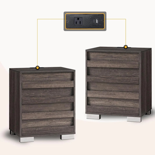 Merluxy Nightstands Set of 2 with Charing Station, Farmhouse End Table with Drawers, Wood Bedside Table for Bedroom, Living Room