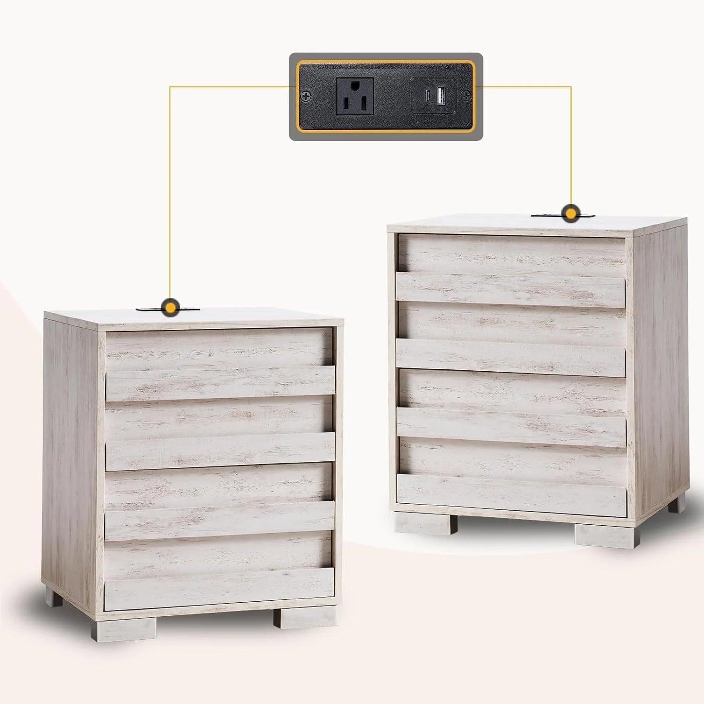 Merluxy Nightstands Set of 2 with Charing Station, Farmhouse End Table with Drawers, Wood Bedside Table for Bedroom, Living Room