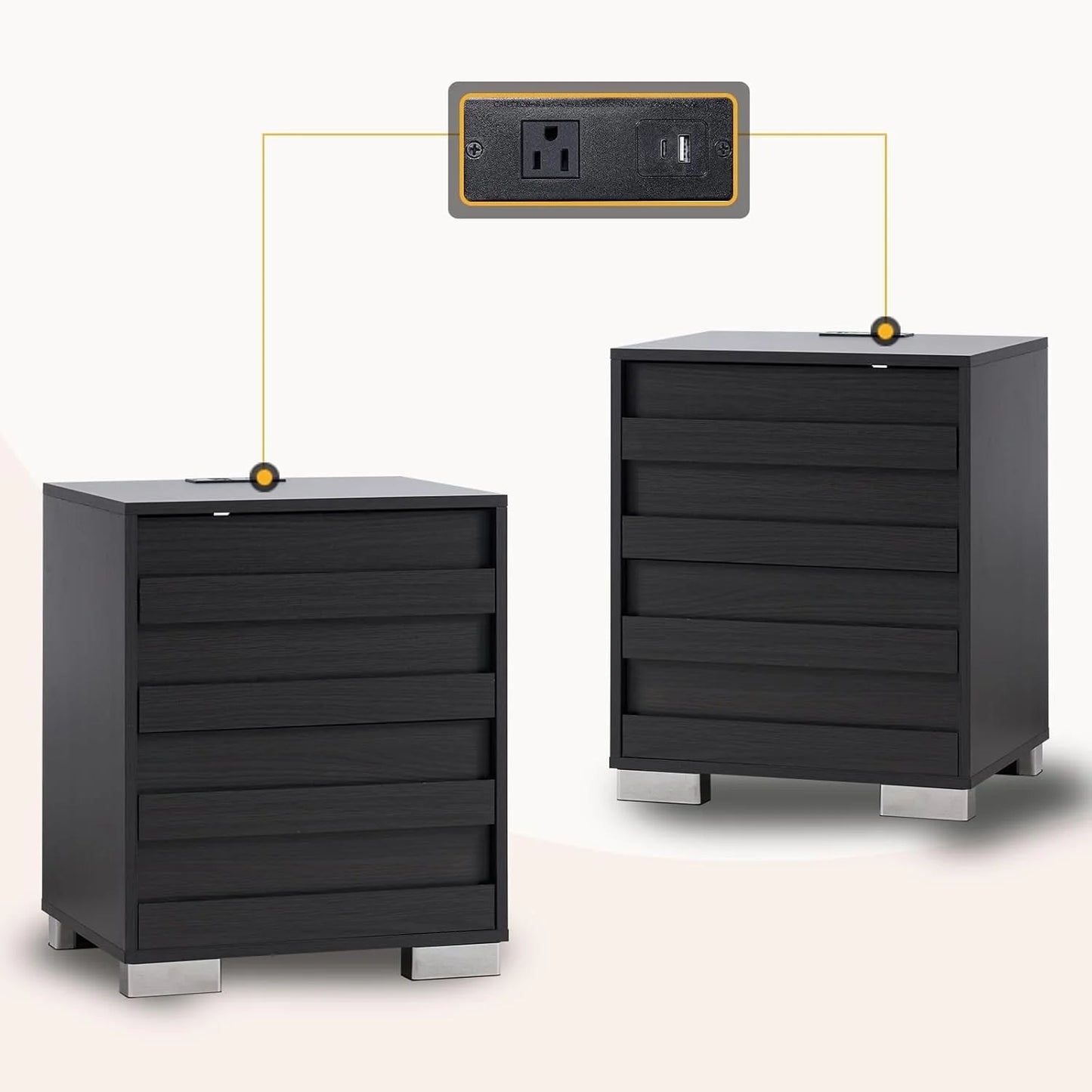Merluxy Nightstands Set of 2 with Charing Station, Farmhouse End Table with Drawers, Wood Bedside Table for Bedroom, Living Room