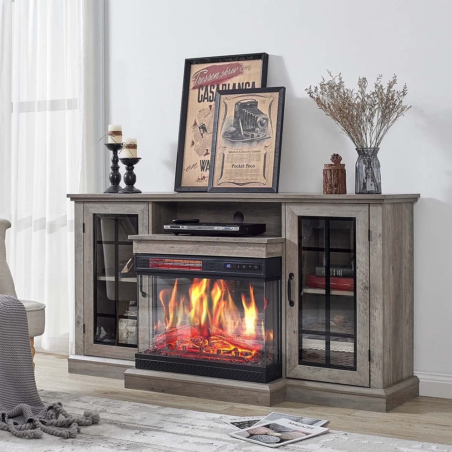 PLAUIN Fireplace TV Stand with 3-Sided Glass Electric Fireplace, 59" Entertainment Center