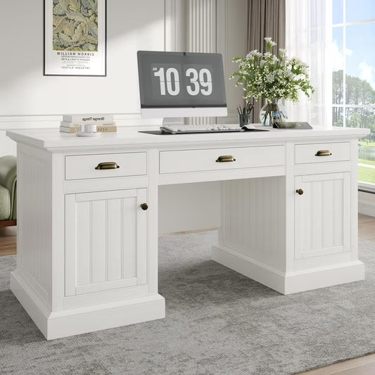 VANACC 68" Executive Desk for Home Office & Study, Fluted Panel Computer Table with 3 Drawers and 2 Cabinets, Farmhouse Writing Desk
