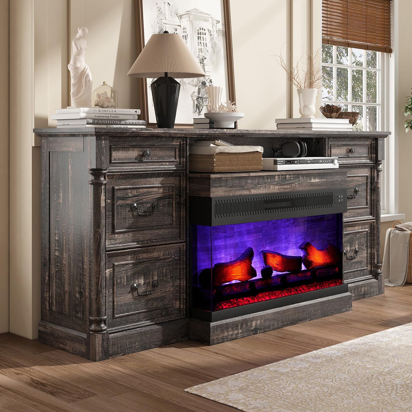 PLAUIN 75" Farmhouse TV Stand with 36" 3-Sided Glass Fireplace