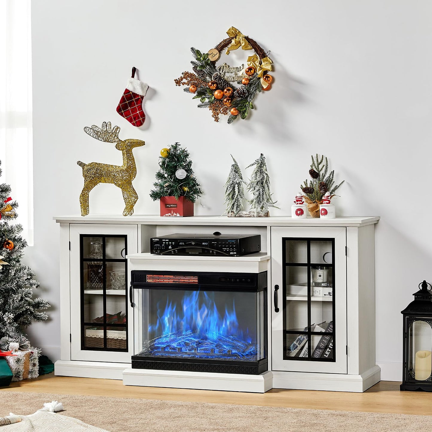 PLAUIN Farmhouse TV Stand with 3-Sided Glass Fireplace, Barnwood Grey