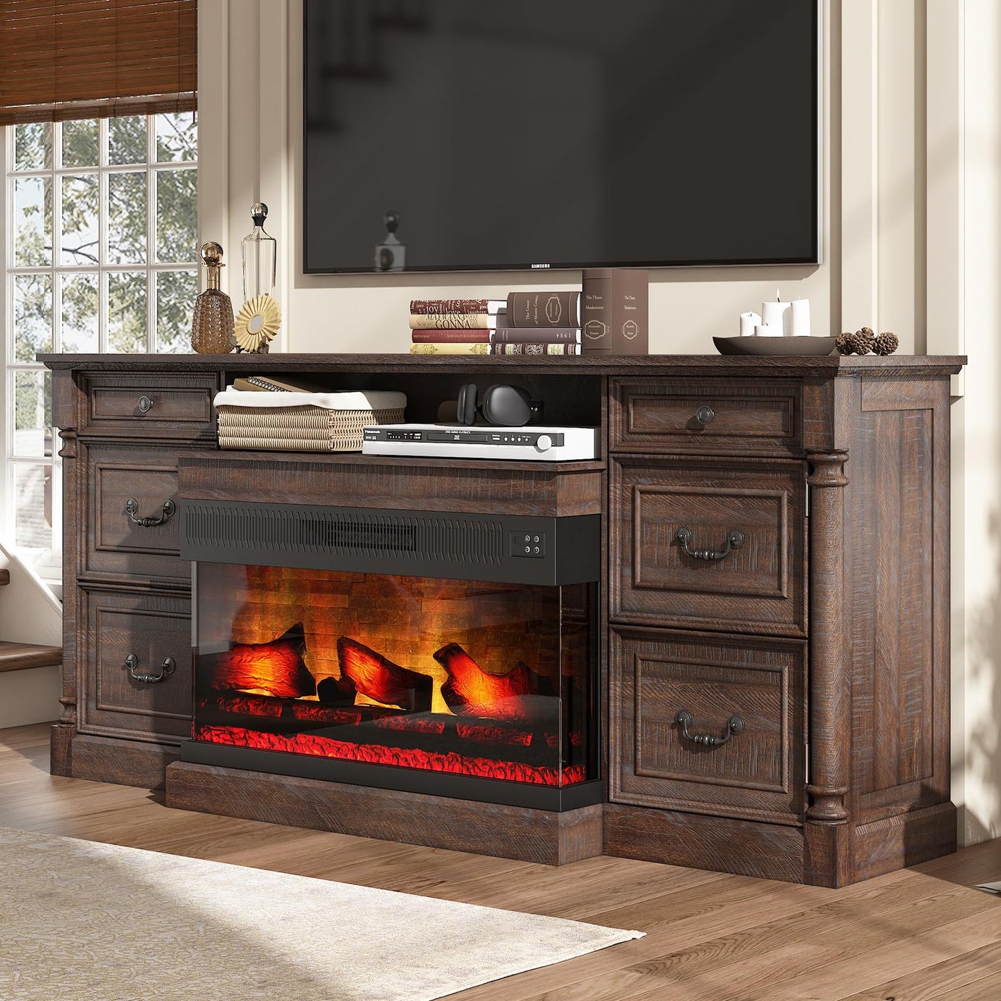 PLAUIN 75" Farmhouse TV Stand with 36" 3-Sided Glass Fireplace