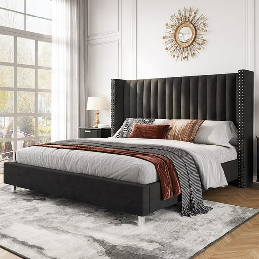 PLAUIN Bed Frame Upholstered Bed Wingback Headborad Velvet Channel Tufted/No Box Spring Needed