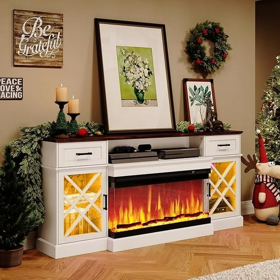 PLAUIN Farmhouse LED Fireplace TV Stand, 3-Sided Glass Fireplace, Entertainment Center
