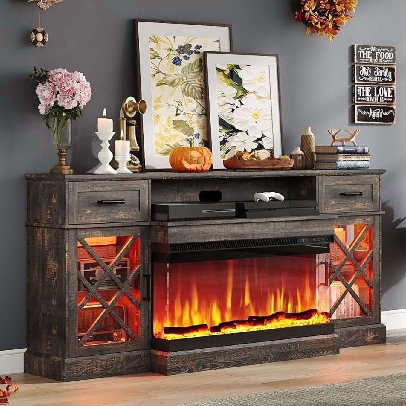 PLAUIN Farmhouse LED Fireplace TV Stand, 3-Sided Glass Fireplace, Large Entertainment Center
