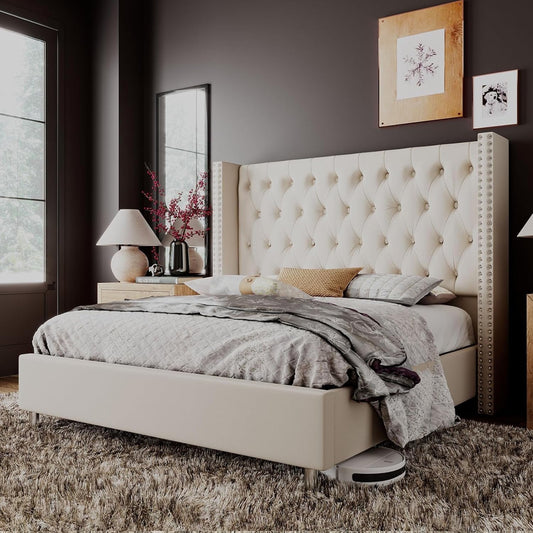 PLAUIN King Bed Frame Upholstered Bed Wingback Headboard Velvet Tufted Diamond Button/No Box Spring Needed/Easy Assembly