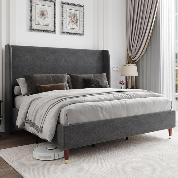 PLAUIN Bed Frame with 51.2" Wingback Headboard,Linen Upholstered,No Box Spring Needed
