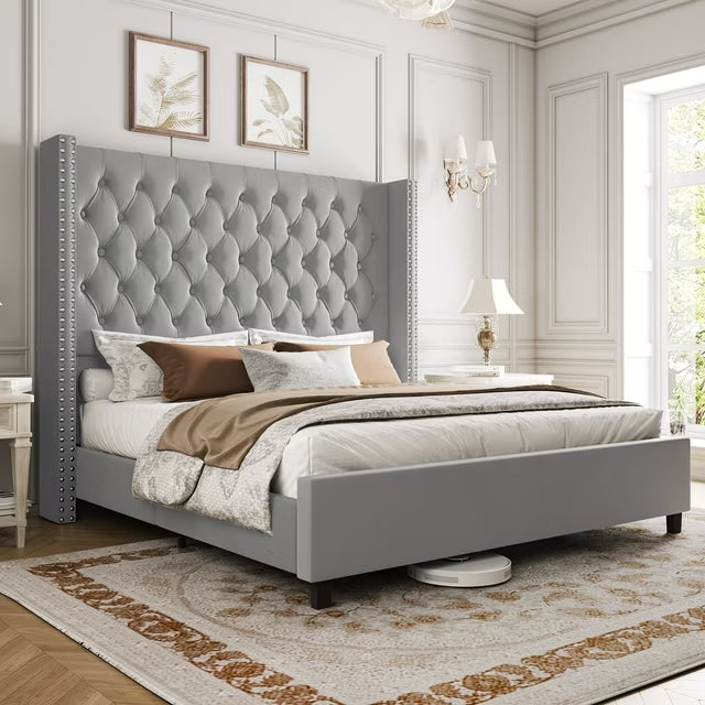 amerlife Bed Frame with 61.4" Tall Headborad and Deep Button Tufted,No Box Spring Needed,Velvet Upholstered