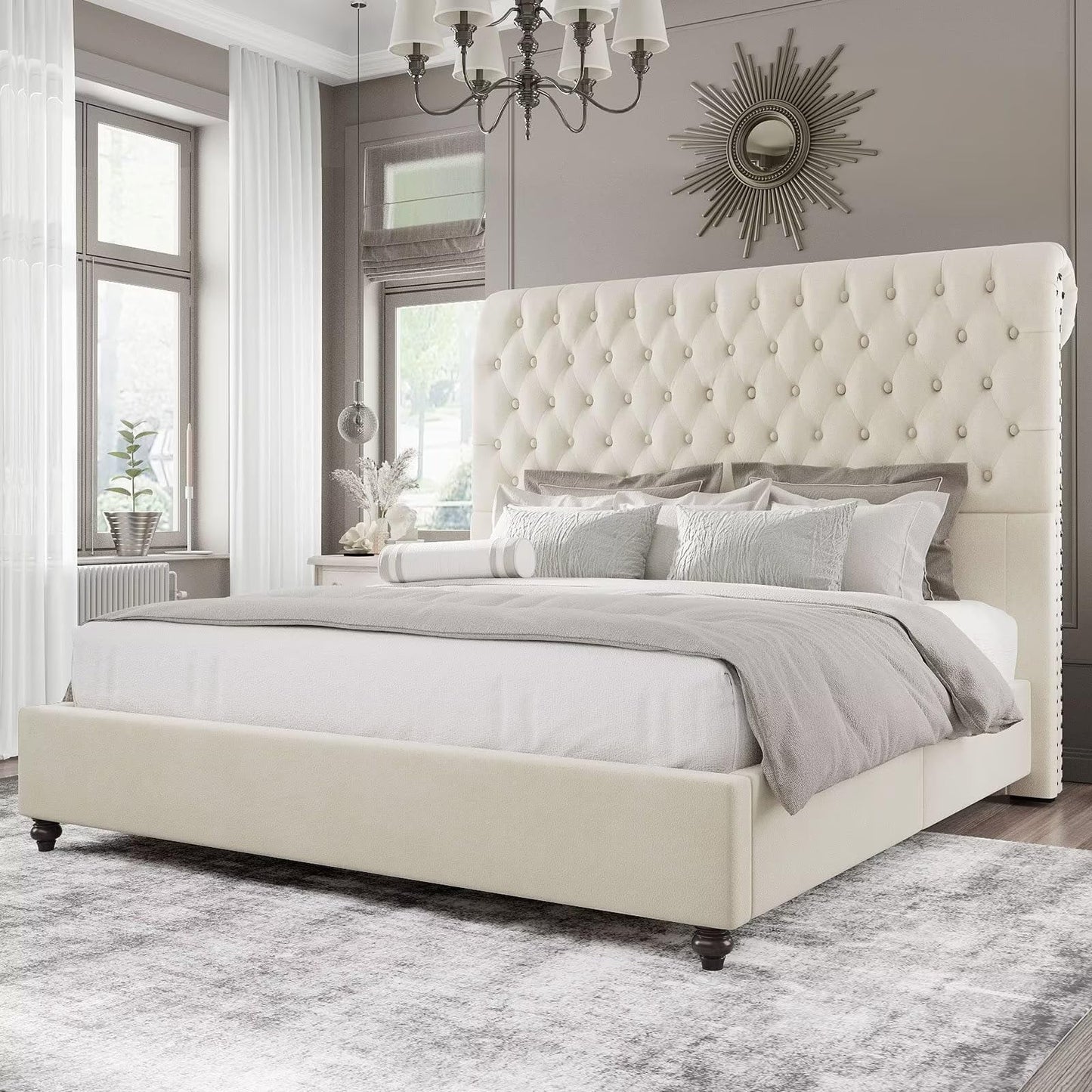 PLAUIN Bed Frame with Sleigh and Button Tufted Headboard,Velvet Upholstered
