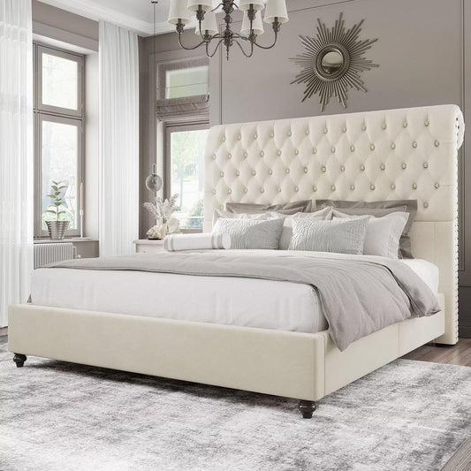 PLAUIN Bed Frame with Sleigh and Button Tufted Headboard,Velvet Upholstered