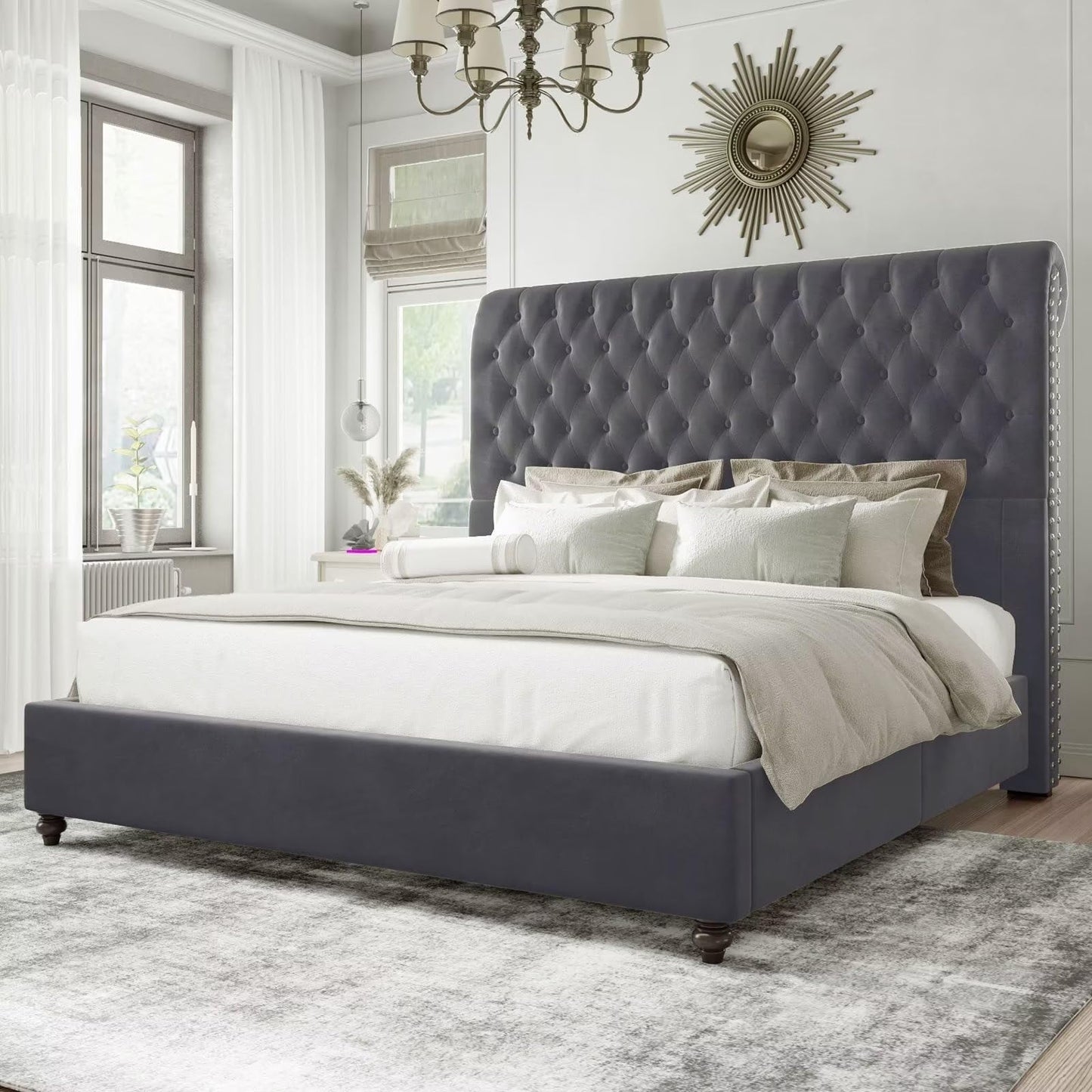 PLAUIN Bed Frame with Sleigh and Button Tufted Headboard,Velvet Upholstered